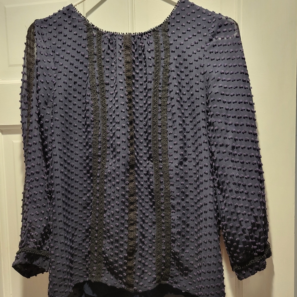 J Crew Lace trim swiss dot top Navy sz 8 #06687 Silk Cotton Blend blouse